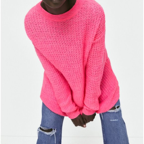 Zara Sweaters - Zara Oversized Knit Sweater Neon Pink Bright Barbie Relaxed Long Tunic Fuzzy S